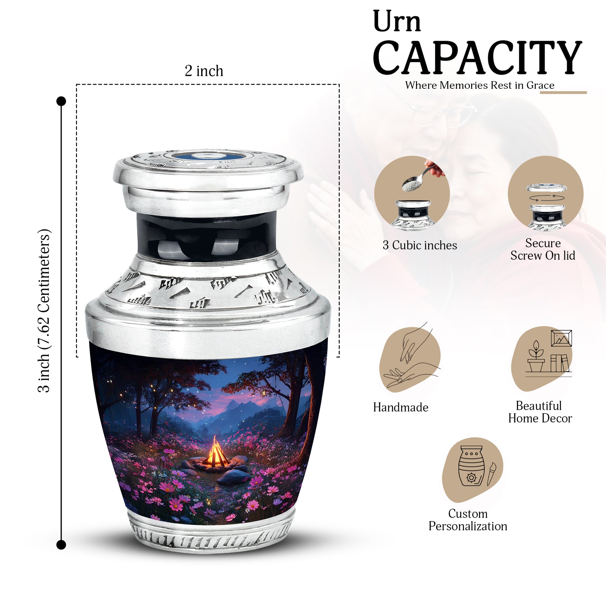 Cornflower Blue Campfire Cremation Urn top-down view of secure threaded lid - artistic campfire interpretation with creative detail - mini keepsake memorial for portion of cremation ashes