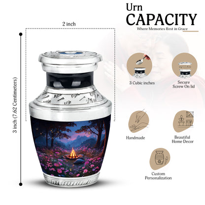 Cornflower Blue Campfire Cremation Urn top-down view of secure threaded lid - artistic campfire interpretation with creative detail - mini keepsake memorial for portion of cremation ashes
