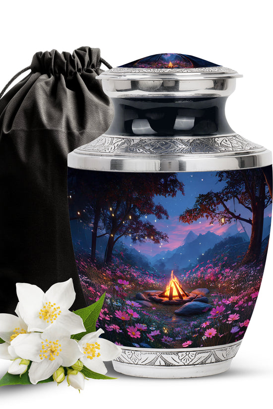 Serene Blue Campfire Cremation Urn side profile showing urn shape - artistic campfire interpretation with creative detail - full-size 10 inch 200 cubic inch adult cremation urn
