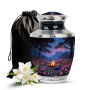 Serene Blue Campfire Cremation Urn side profile showing urn shape - artistic campfire interpretation with creative detail - full-size 10 inch 200 cubic inch adult cremation urn