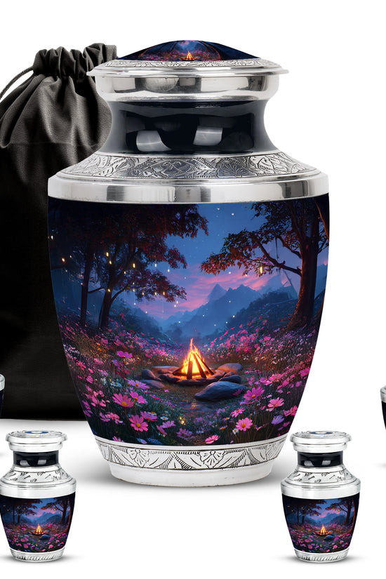 Navy Blue Campfire Cremation Urn lifestyle display on memorial shelf - contemporary campfire design with modern artistic flair - memorial set with one large and four small urns