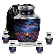Navy Blue Campfire Cremation Urn lifestyle display on memorial shelf - contemporary campfire design with modern artistic flair - memorial set with one large and four small urns