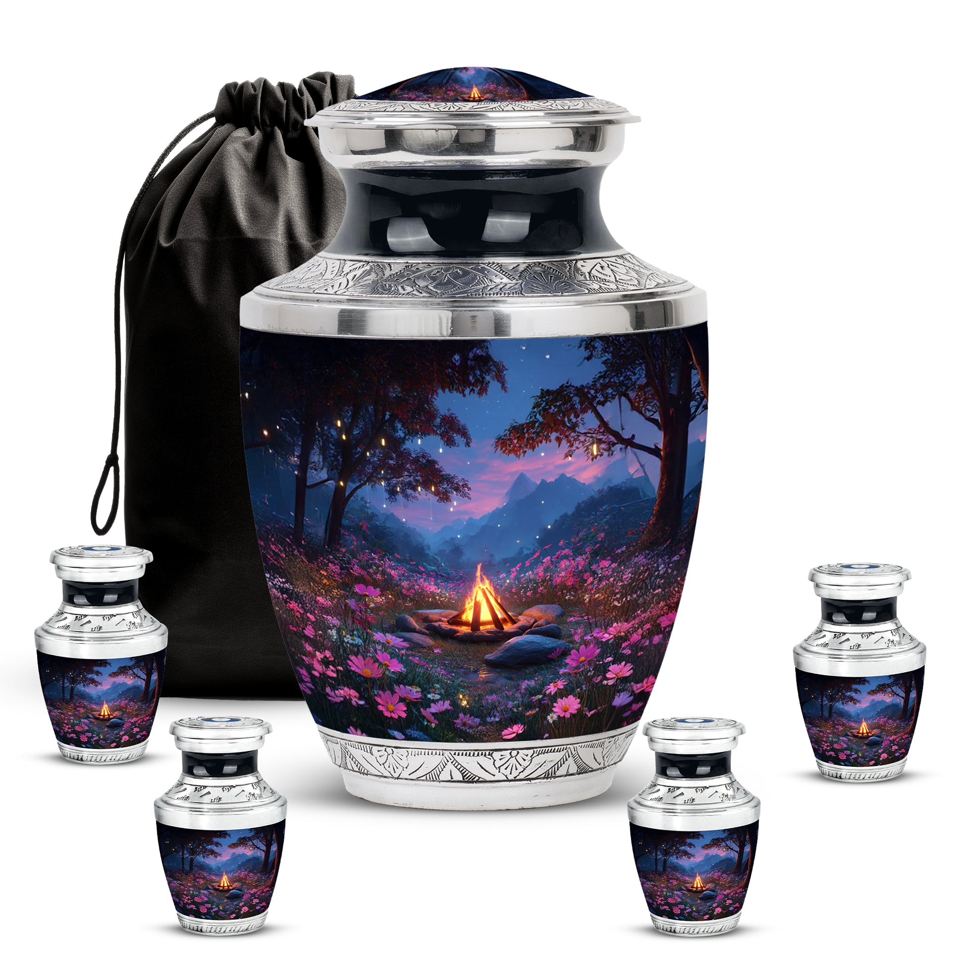 Navy Blue Campfire Cremation Urn lifestyle display on memorial shelf - contemporary campfire design with modern artistic flair - memorial set with one large and four small urns