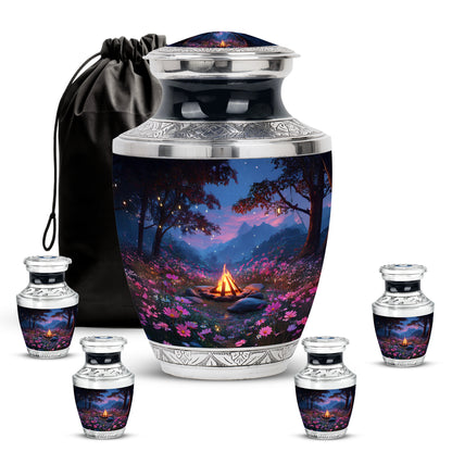 Navy Blue Campfire Cremation Urn lifestyle display on memorial shelf - contemporary campfire design with modern artistic flair - memorial set with one large and four small urns