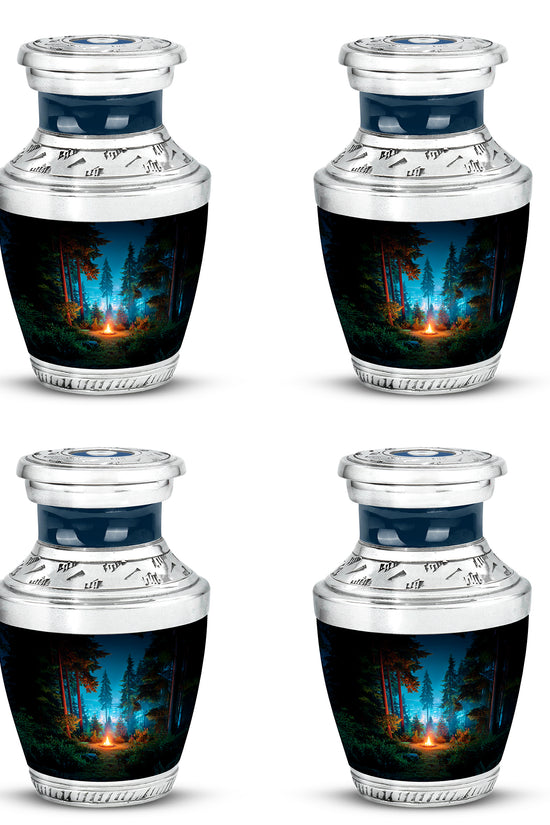 Dark Black Campfire Cremation Urn back view with polished surface - artistic campfire interpretation with creative detail - 10 inch aluminum urn for cremated remains