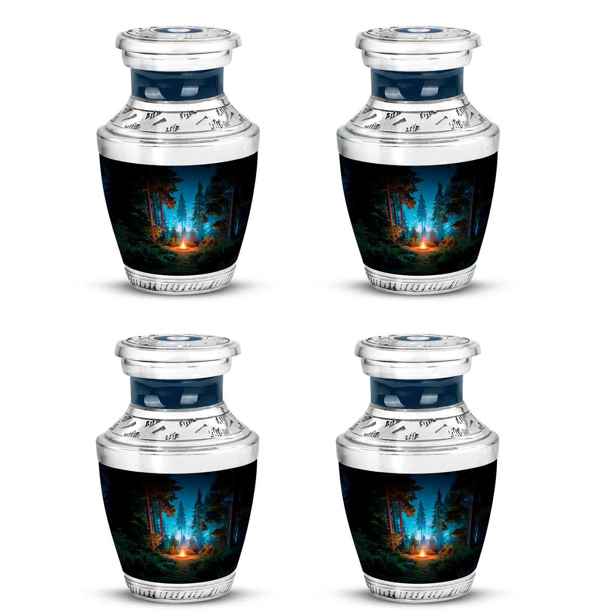 Dark Black Campfire Cremation Urn back view with polished surface - artistic campfire interpretation with creative detail - 10 inch aluminum urn for cremated remains