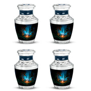 Dark Black Campfire Cremation Urn back view with polished surface - artistic campfire interpretation with creative detail - 10 inch aluminum urn for cremated remains