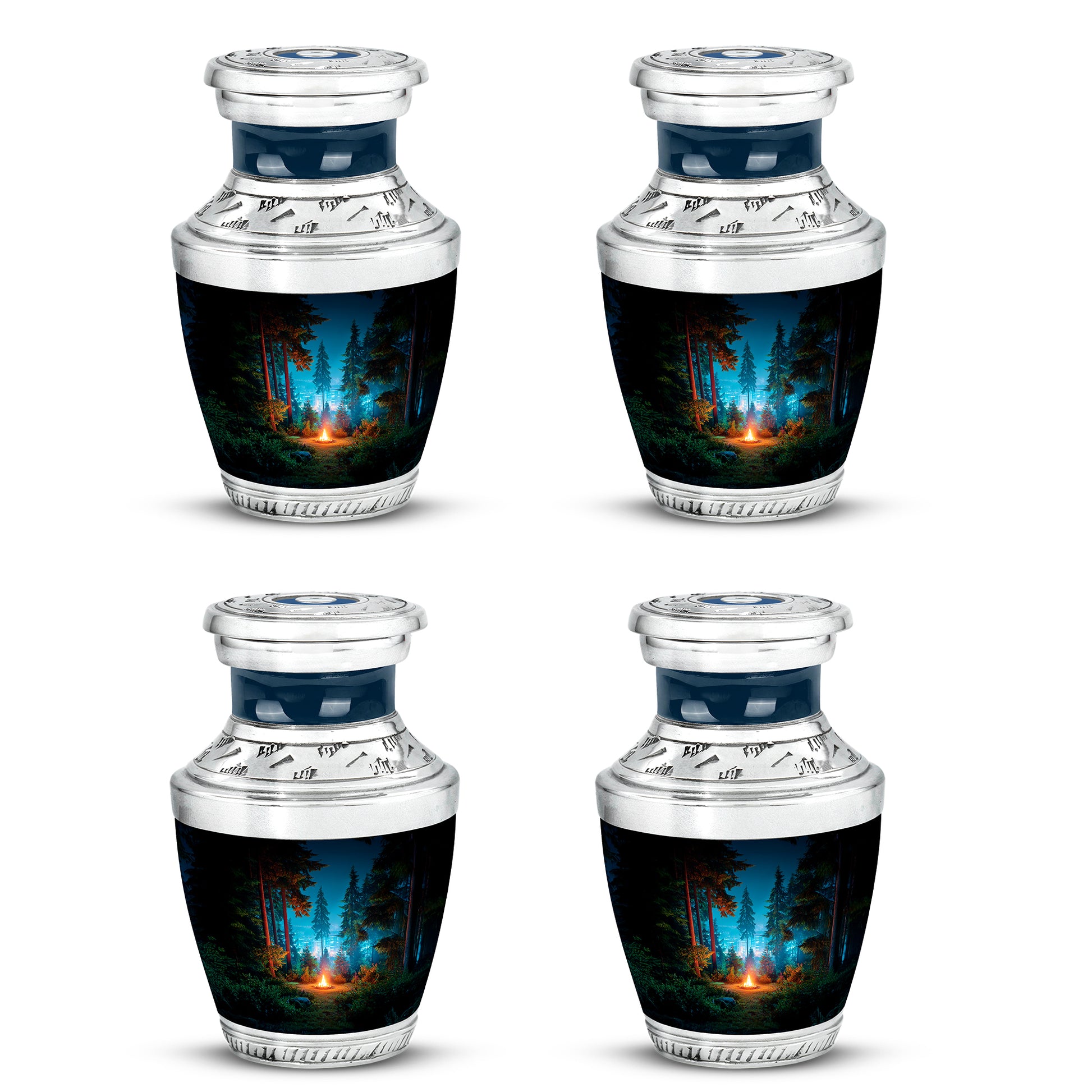 Dark Black Campfire Cremation Urn back view with polished surface - artistic campfire interpretation with creative detail - 10 inch aluminum urn for cremated remains
