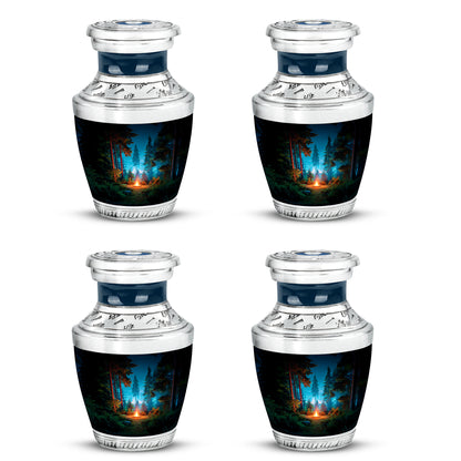 Dark Black Campfire Cremation Urn back view with polished surface - artistic campfire interpretation with creative detail - 10 inch aluminum urn for cremated remains