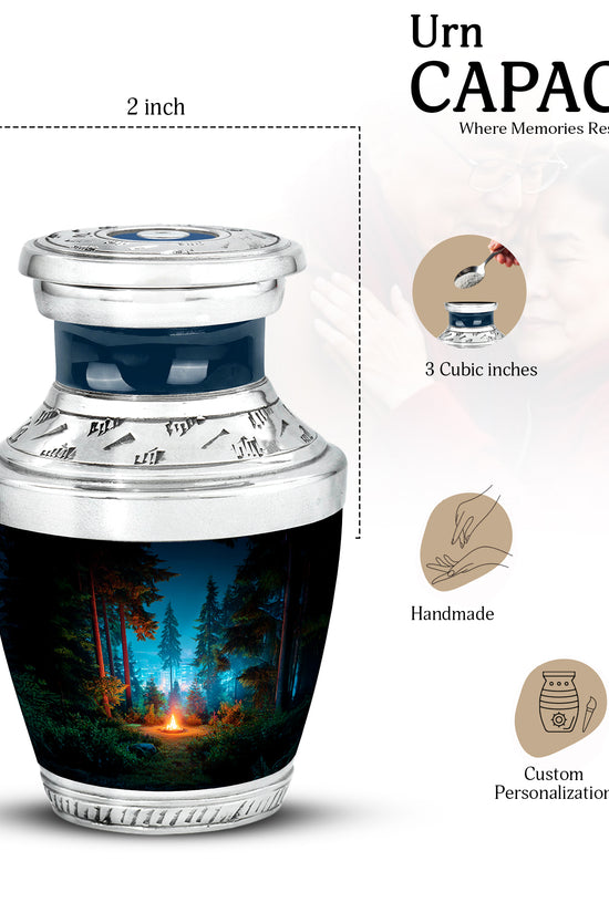 Onyx Black Campfire Cremation Urn top-down view of secure threaded lid - artistic campfire interpretation with creative detail - mini keepsake memorial for portion of cremation ashes