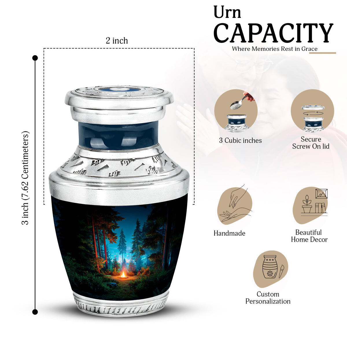 Onyx Black Campfire Cremation Urn top-down view of secure threaded lid - artistic campfire interpretation with creative detail - mini keepsake memorial for portion of cremation ashes
