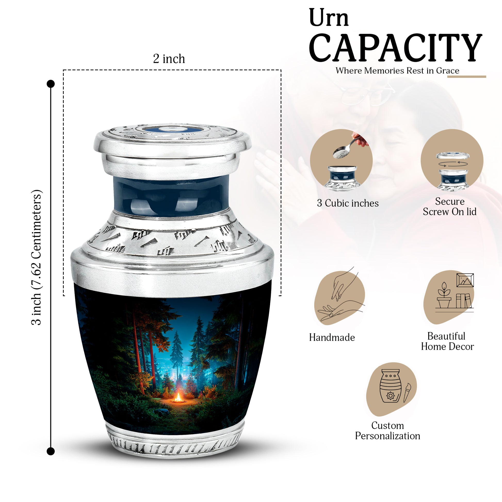 Onyx Black Campfire Cremation Urn top-down view of secure threaded lid - artistic campfire interpretation with creative detail - mini keepsake memorial for portion of cremation ashes