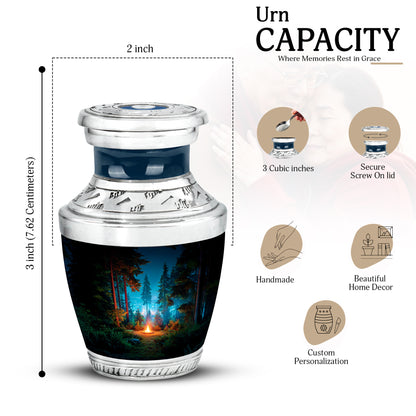 Onyx Black Campfire Cremation Urn top-down view of secure threaded lid - artistic campfire interpretation with creative detail - mini keepsake memorial for portion of cremation ashes