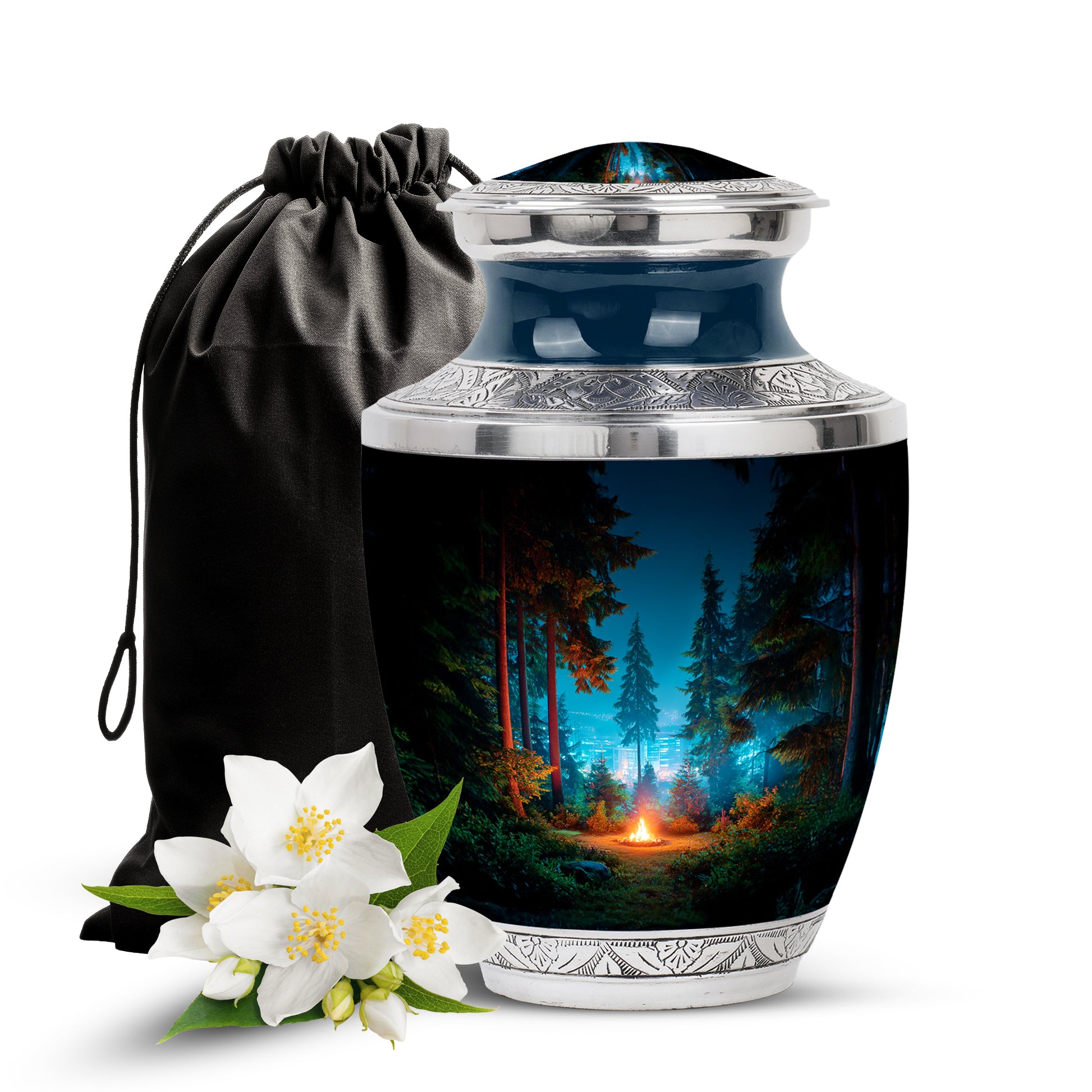Rich Black Campfire Cremation Urn side profile showing urn shape - contemporary campfire design with modern artistic flair - full-size 10 inch 200 cubic inch adult cremation urn