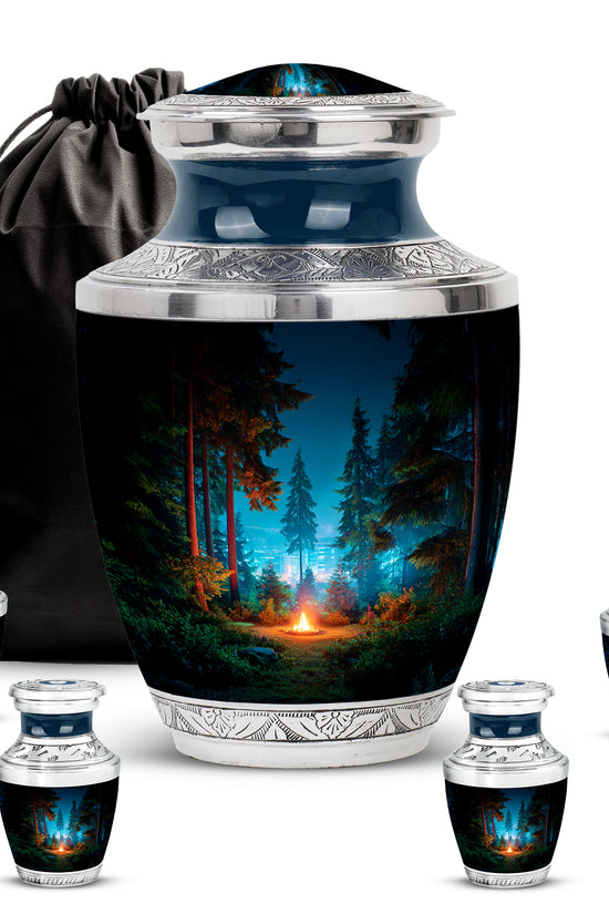 Rich Black Campfire Cremation Urn lifestyle display on memorial shelf - contemporary campfire design with modern artistic flair - memorial set with one large and four small urns