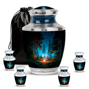 Rich Black Campfire Cremation Urn lifestyle display on memorial shelf - contemporary campfire design with modern artistic flair - memorial set with one large and four small urns