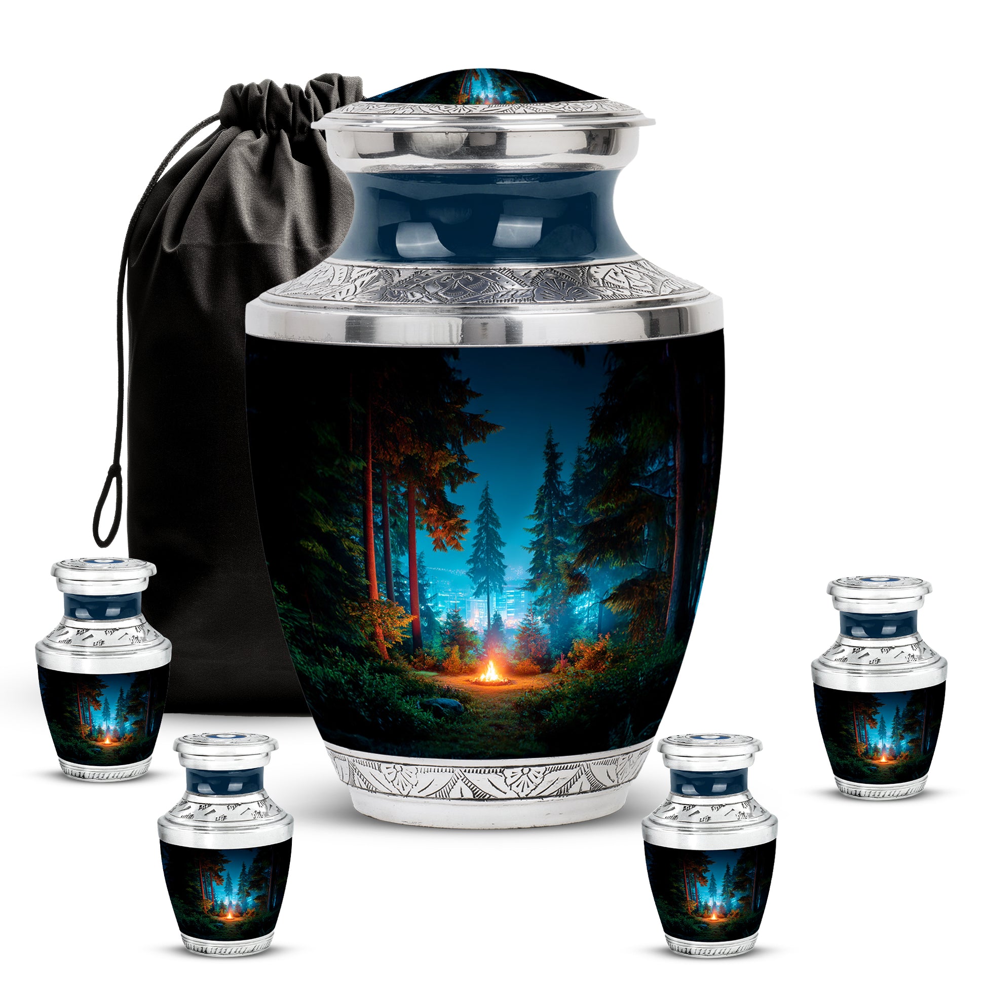 Rich Black Campfire Cremation Urn lifestyle display on memorial shelf - contemporary campfire design with modern artistic flair - memorial set with one large and four small urns