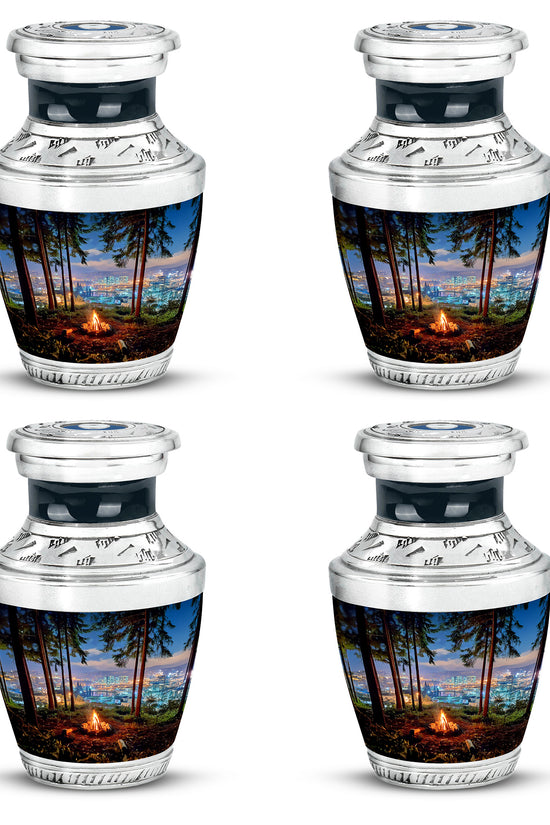 Royal Blue Campfire Cremation Urn back view with polished surface - artistic campfire interpretation with creative detail - 10 inch aluminum urn for cremated remains