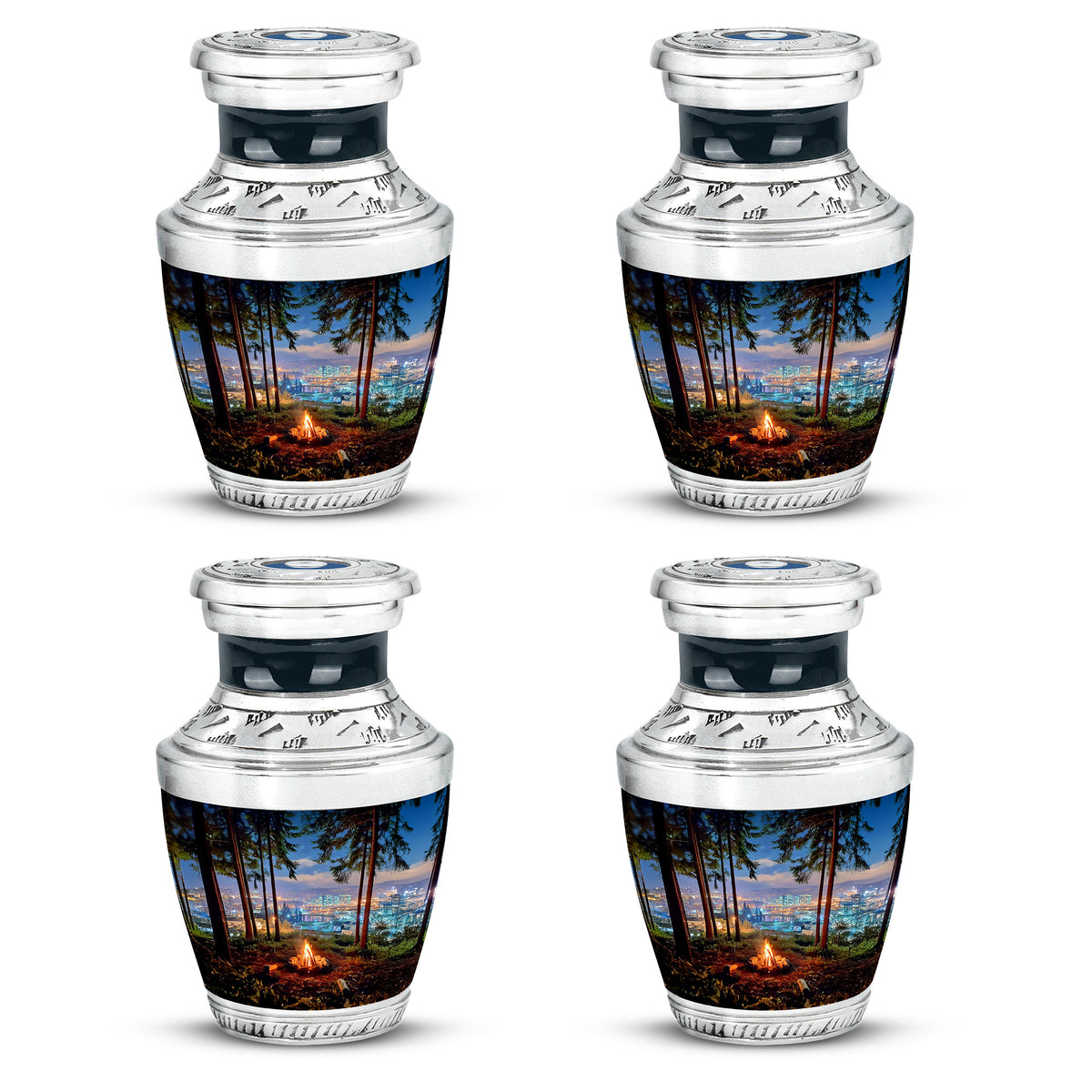 Royal Blue Campfire Cremation Urn back view with polished surface - artistic campfire interpretation with creative detail - 10 inch aluminum urn for cremated remains