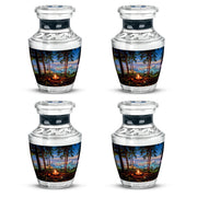 Royal Blue Campfire Cremation Urn back view with polished surface - artistic campfire interpretation with creative detail - 10 inch aluminum urn for cremated remains