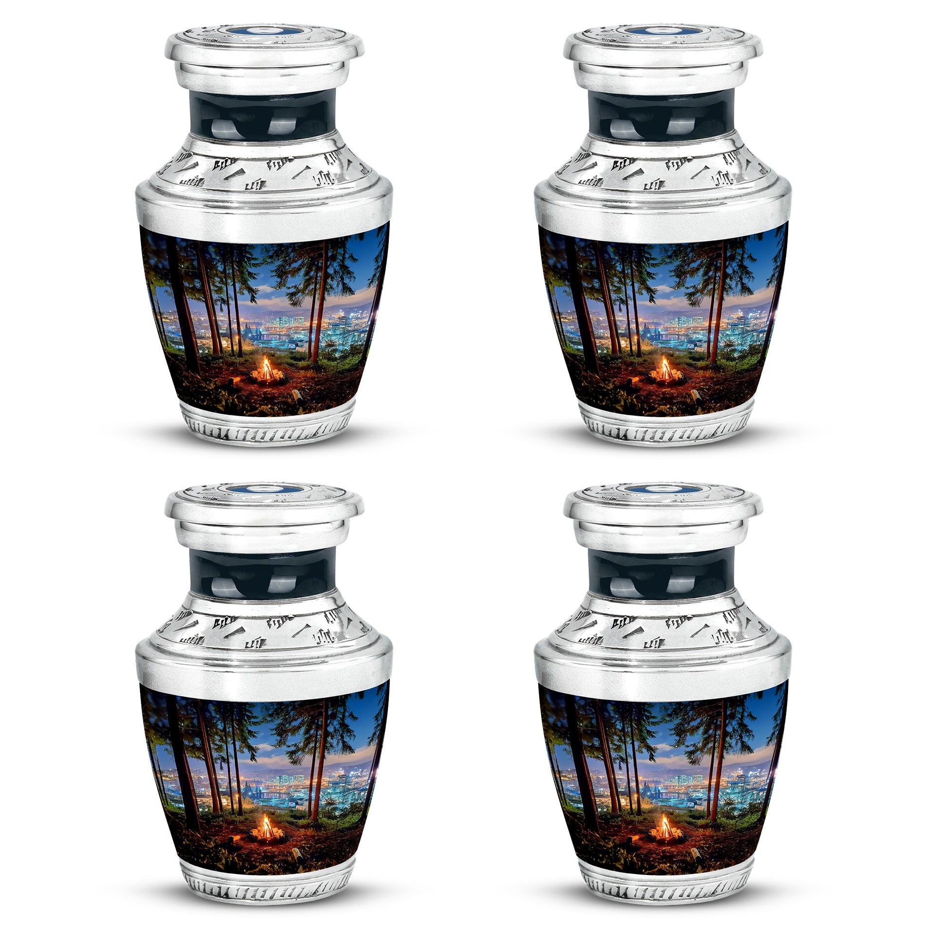 Royal Blue Campfire Cremation Urn back view with polished surface - artistic campfire interpretation with creative detail - 10 inch aluminum urn for cremated remains