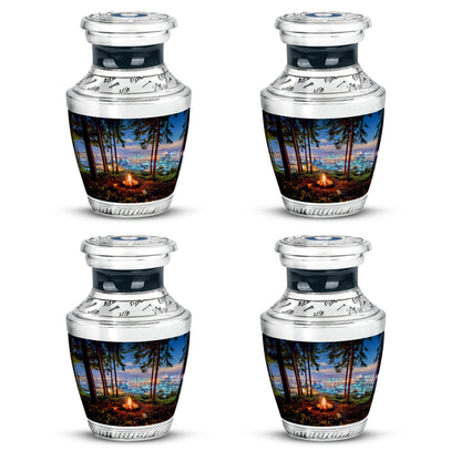 Royal Blue Campfire Cremation Urn back view with polished surface - artistic campfire interpretation with creative detail - 10 inch aluminum urn for cremated remains
