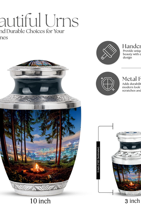 Dusty Blue Campfire Cremation Urn top-down view of secure threaded lid - modern art-inspired campfire motif on sleek aluminum - mini keepsake memorial for portion of cremation ashes