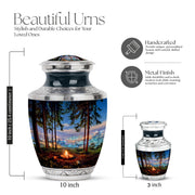 Dusty Blue Campfire Cremation Urn top-down view of secure threaded lid - modern art-inspired campfire motif on sleek aluminum - mini keepsake memorial for portion of cremation ashes