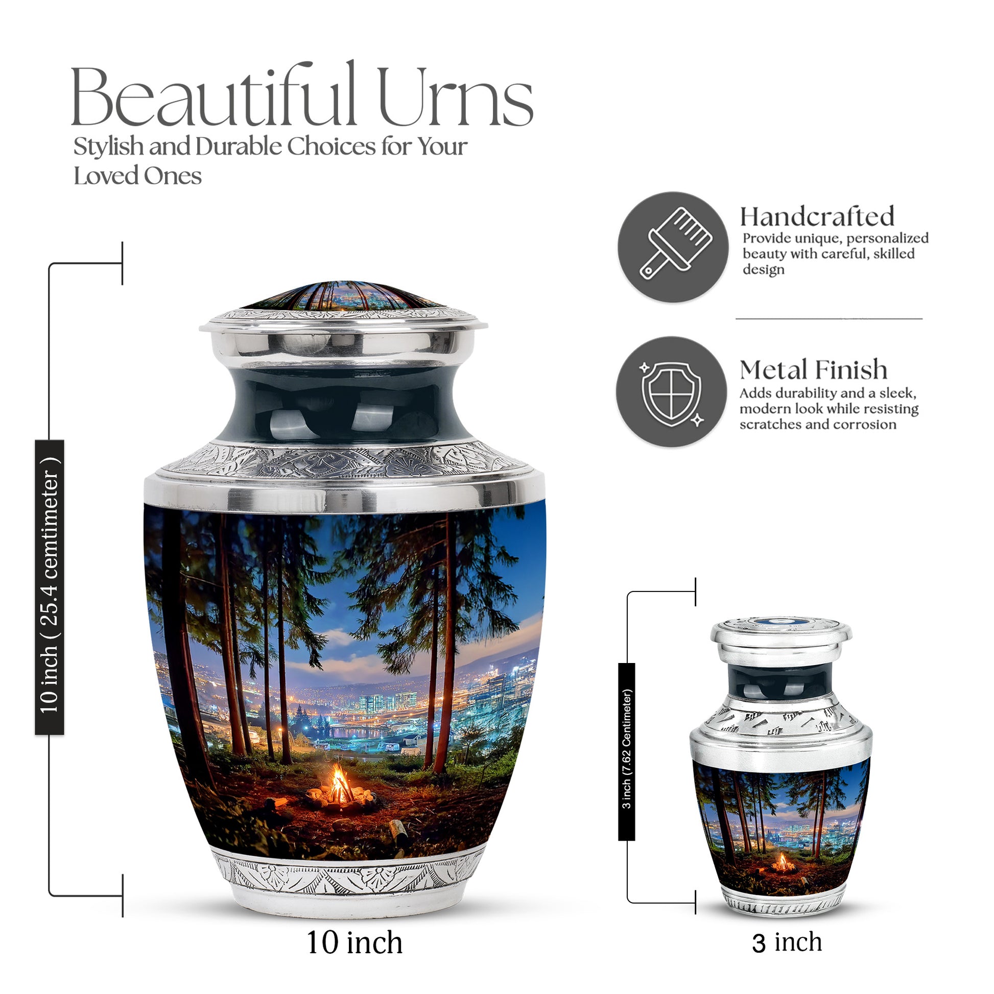 Dusty Blue Campfire Cremation Urn top-down view of secure threaded lid - modern art-inspired campfire motif on sleek aluminum - mini keepsake memorial for portion of cremation ashes