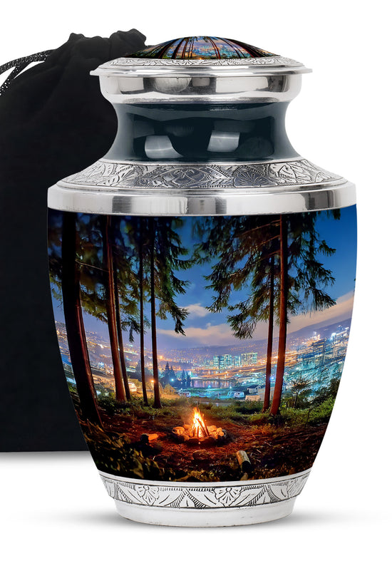 Sapphire Blue Campfire Cremation Urn side profile showing urn shape - artistic campfire interpretation with creative detail - full-size 10 inch 200 cubic inch adult cremation urn