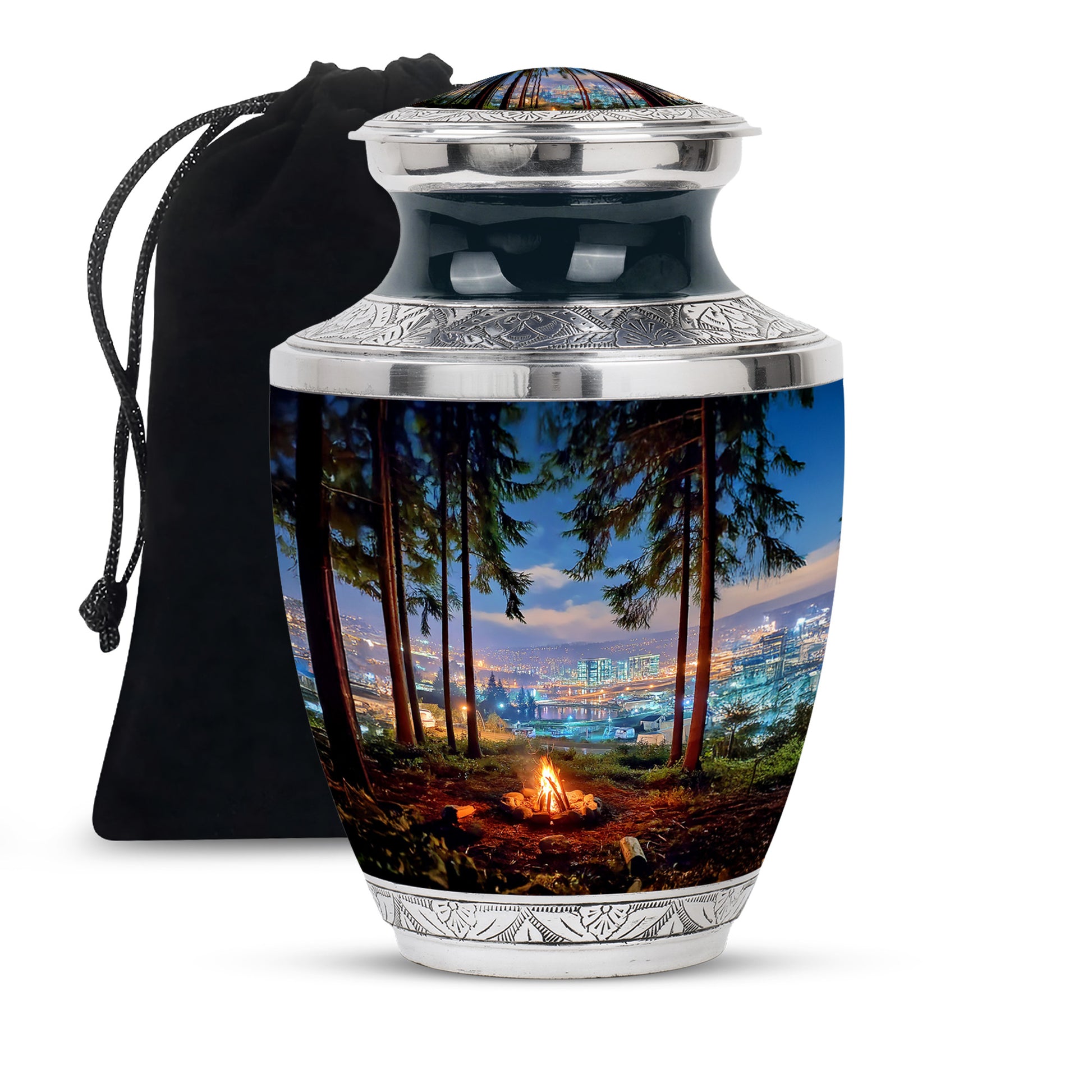 Sapphire Blue Campfire Cremation Urn side profile showing urn shape - artistic campfire interpretation with creative detail - full-size 10 inch 200 cubic inch adult cremation urn