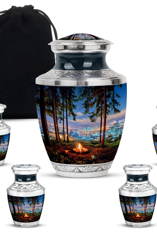 Indigo Campfire Cremation Urn lifestyle display on memorial shelf - contemporary campfire design with modern artistic flair - memorial set with one large and four small urns