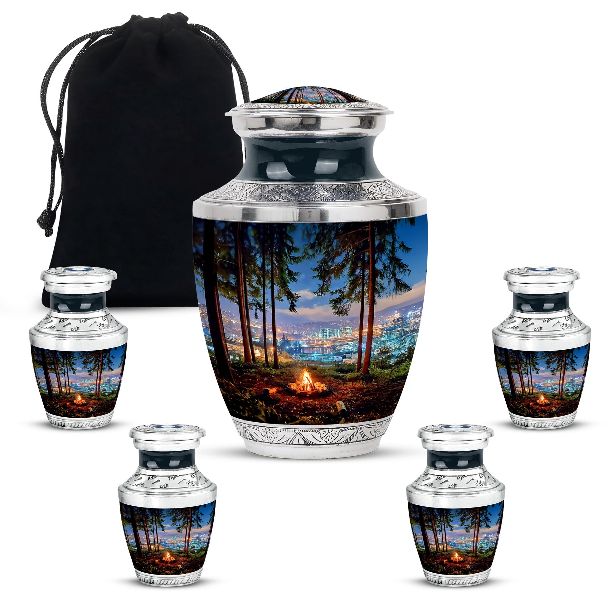 Indigo Campfire Cremation Urn lifestyle display on memorial shelf - contemporary campfire design with modern artistic flair - memorial set with one large and four small urns