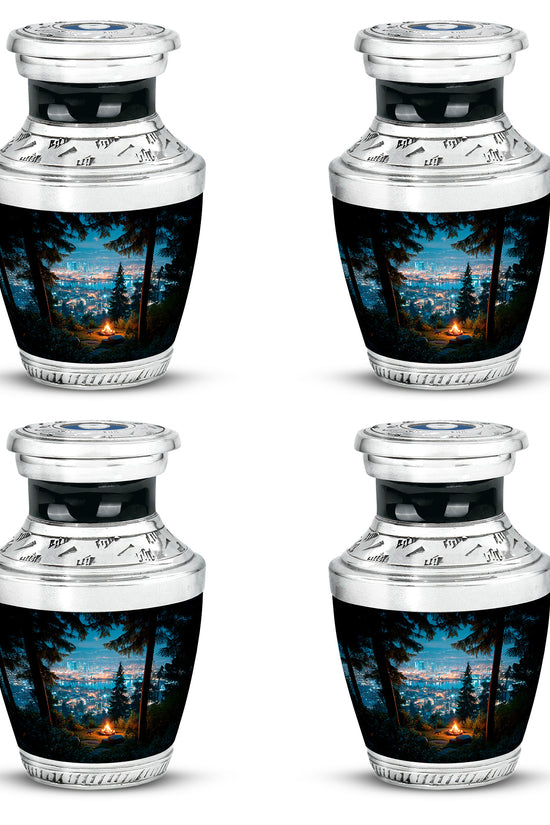 Powder Blue Campfire Cremation Urn back view with polished surface - contemporary campfire design with modern artistic flair - 10 inch aluminum urn for cremated remains
