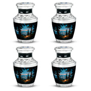 Powder Blue Campfire Cremation Urn back view with polished surface - contemporary campfire design with modern artistic flair - 10 inch aluminum urn for cremated remains