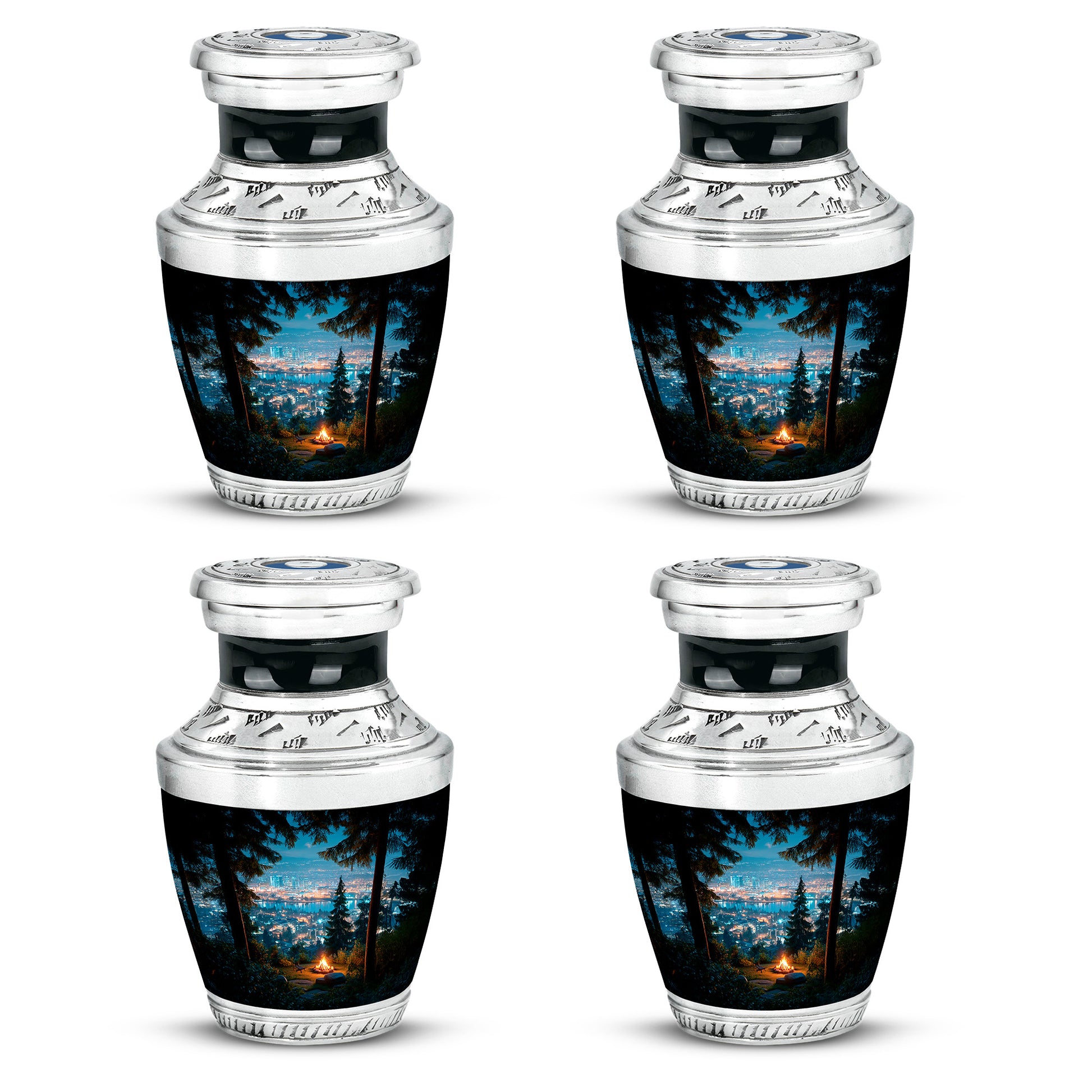 Powder Blue Campfire Cremation Urn back view with polished surface - contemporary campfire design with modern artistic flair - 10 inch aluminum urn for cremated remains
