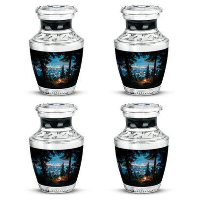 Powder Blue Campfire Cremation Urn back view with polished surface - contemporary campfire design with modern artistic flair - 10 inch aluminum urn for cremated remains
