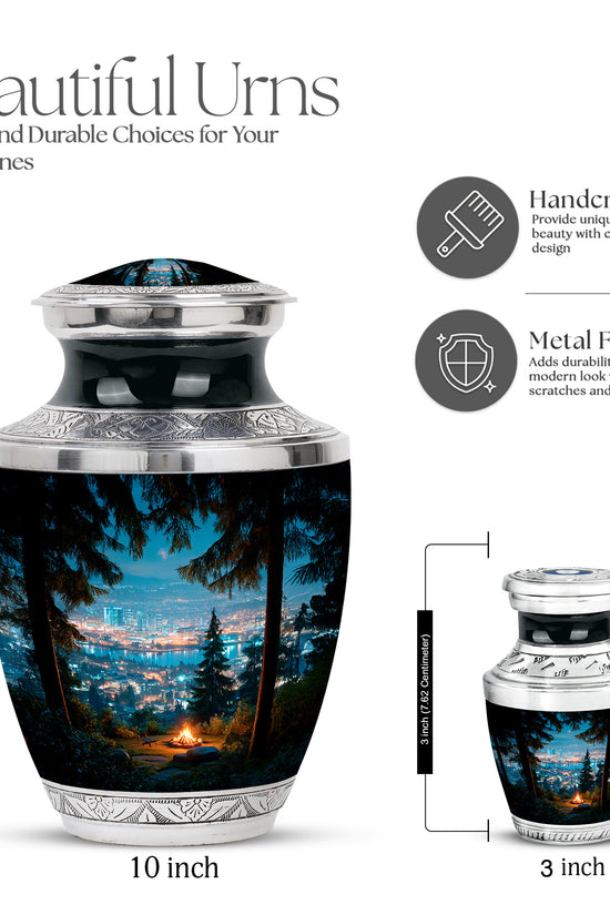 Dusty Blue Campfire Cremation Urn top-down view of secure threaded lid - contemporary campfire design with modern artistic flair - mini keepsake memorial for portion of cremation ashes