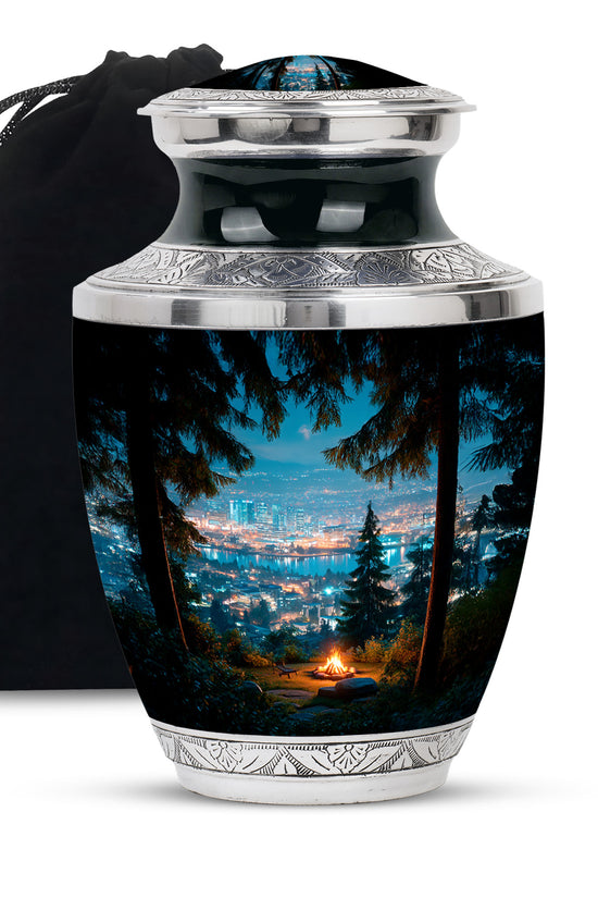 Celestial Blue Campfire Cremation Urn side profile showing urn shape - modern art-inspired campfire motif on sleek aluminum - full-size 10 inch 200 cubic inch adult cremation urn
