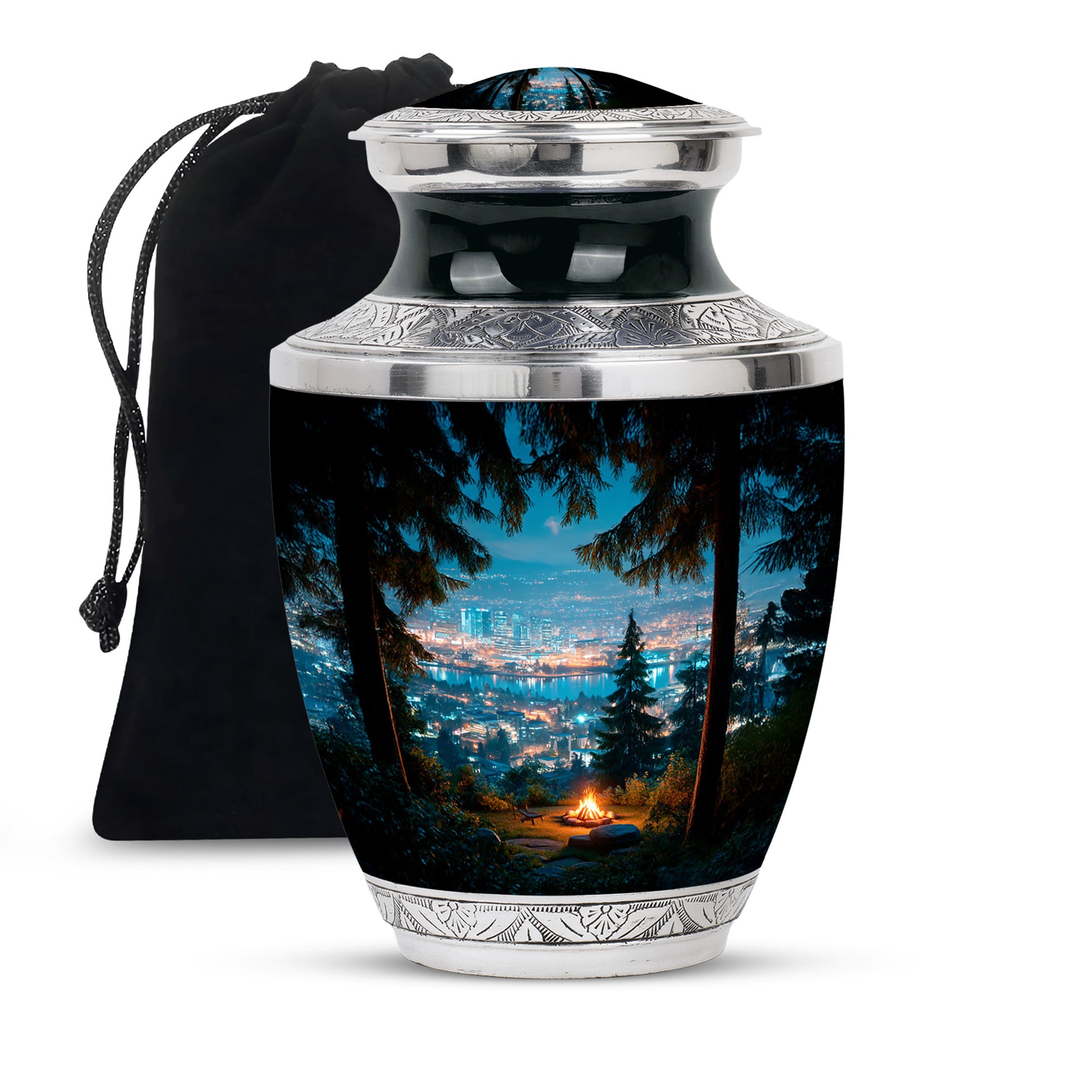 Celestial Blue Campfire Cremation Urn side profile showing urn shape - modern art-inspired campfire motif on sleek aluminum - full-size 10 inch 200 cubic inch adult cremation urn