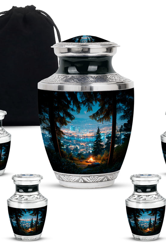 Royal Blue Campfire Cremation Urn lifestyle display on memorial shelf - stylized abstract campfire pattern with bold lines - memorial set with one large and four small urns