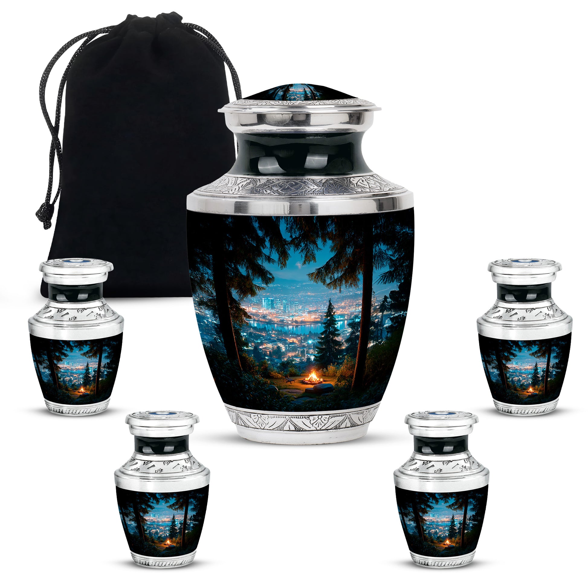 Royal Blue Campfire Cremation Urn lifestyle display on memorial shelf - stylized abstract campfire pattern with bold lines - memorial set with one large and four small urns