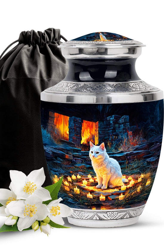White Cat Cremation Urn - Black Aluminium Funeral Urn For Pet Ashes