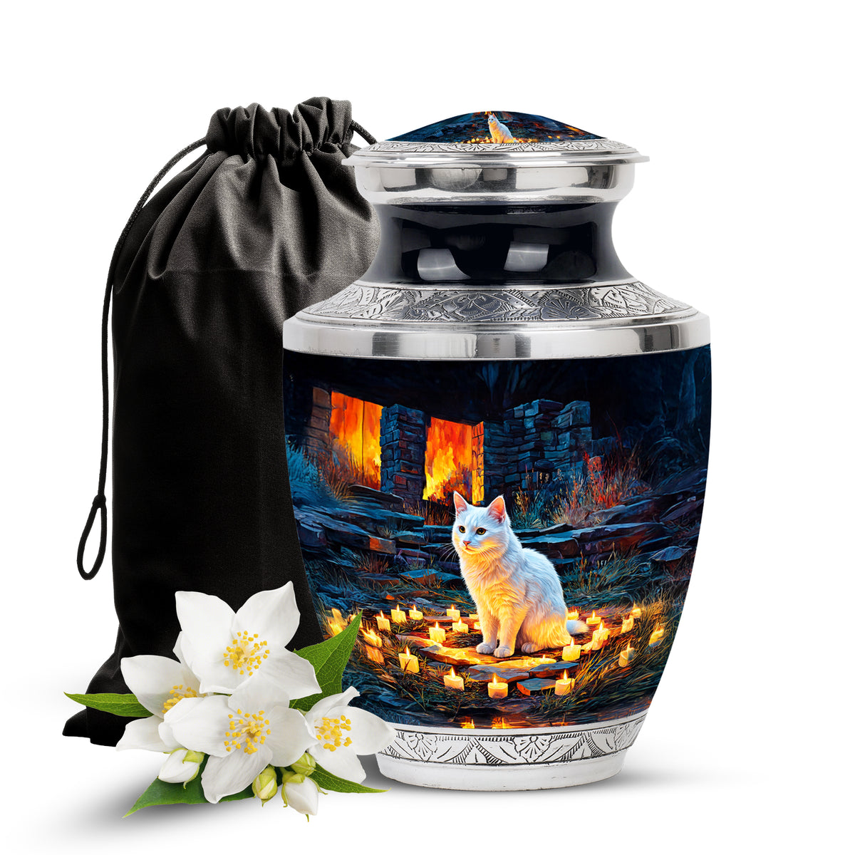 White Cat Cremation Urn - Black Aluminium Funeral Urn For Pet Ashes