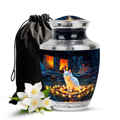 White Cat Cremation Urn - Black Aluminium Funeral Urn For Pet Ashes