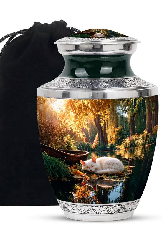 White Cat Theme Memorial Urn - Large Funeral Urn For Ashes
