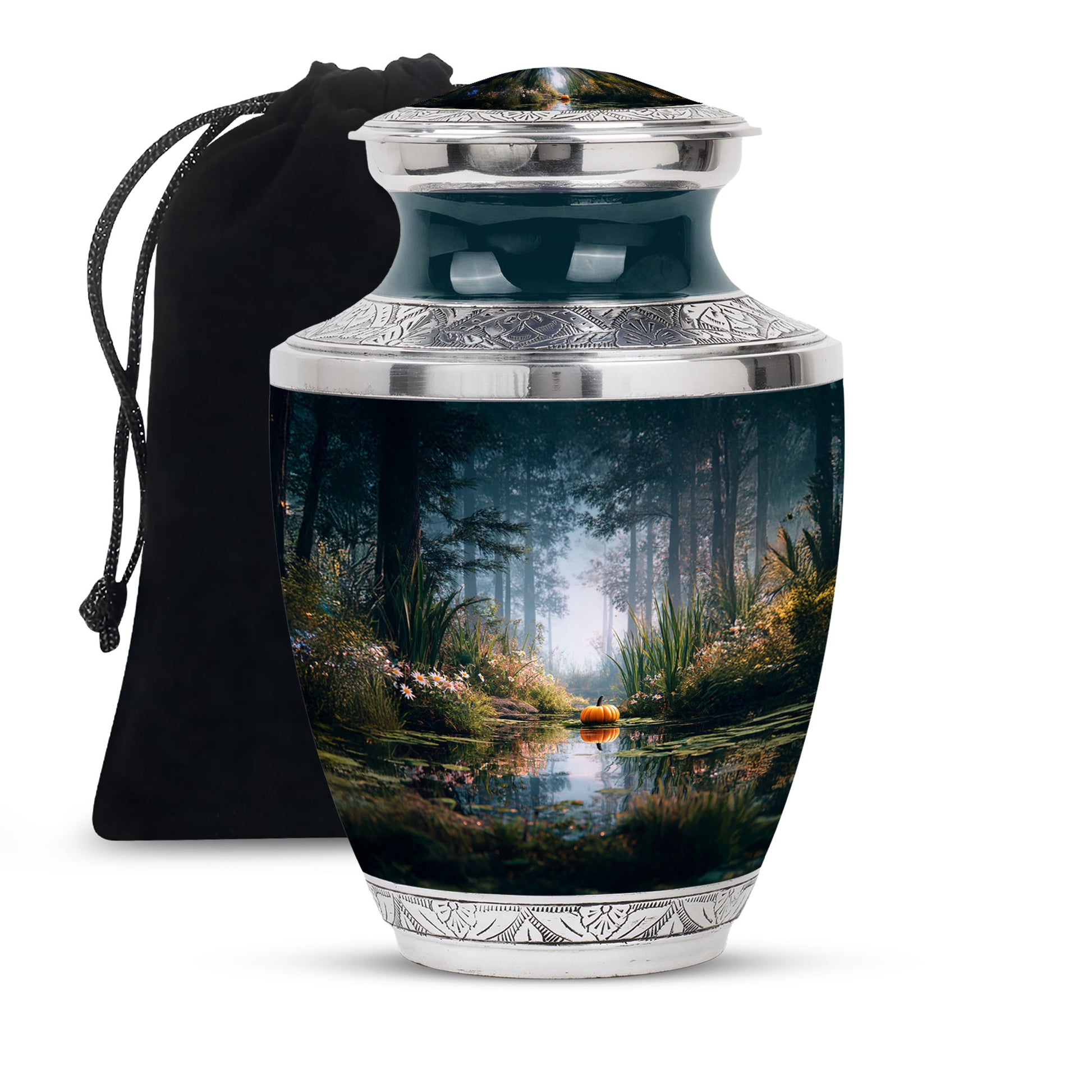 Peaceful Nature Forest Lake Cremation Urn - Aluminium Funeral Urn For Ashes