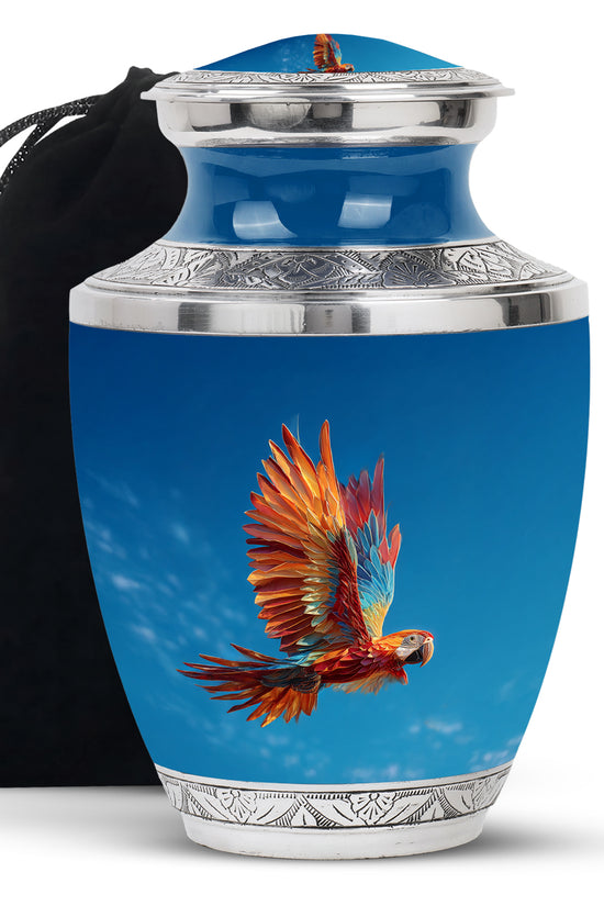 Orange Parrot Memorial Urn - Large Aluminium Cremation Urn For Ashes