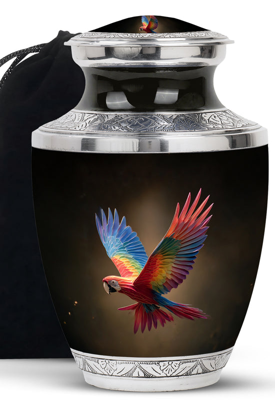 Colourful Parrot Funeral Urn - Black Aluminium Memorial Urn For Adult Ashes