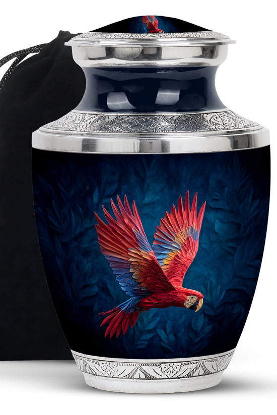 Red Parrot Memorial Urn - Beautiful Aluminium Funeral Urn For Ashes